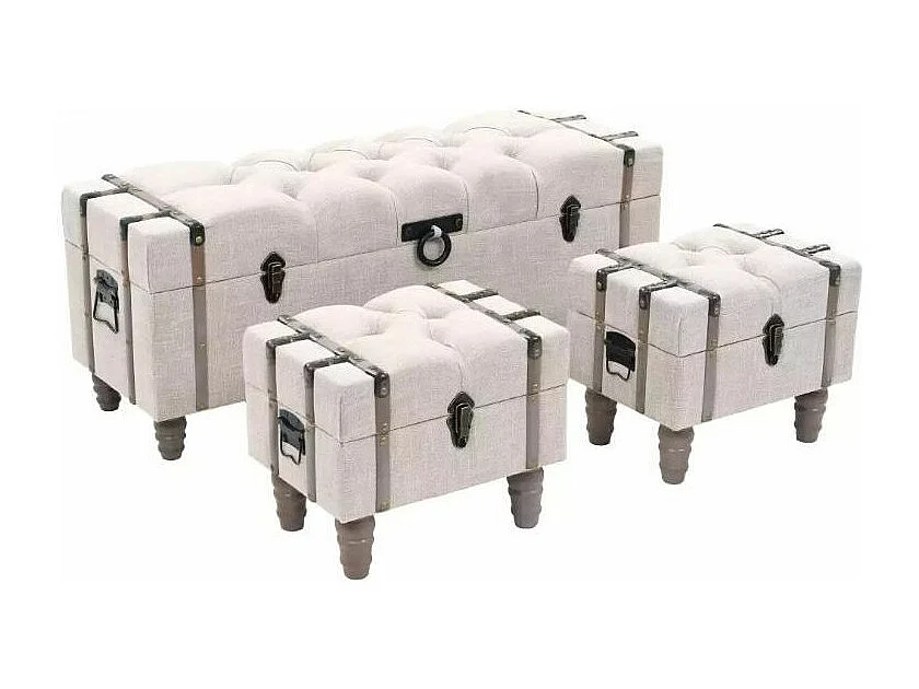 Banquette coffre capitonnée avec poufs tissu beige Palawa - Lot de 3