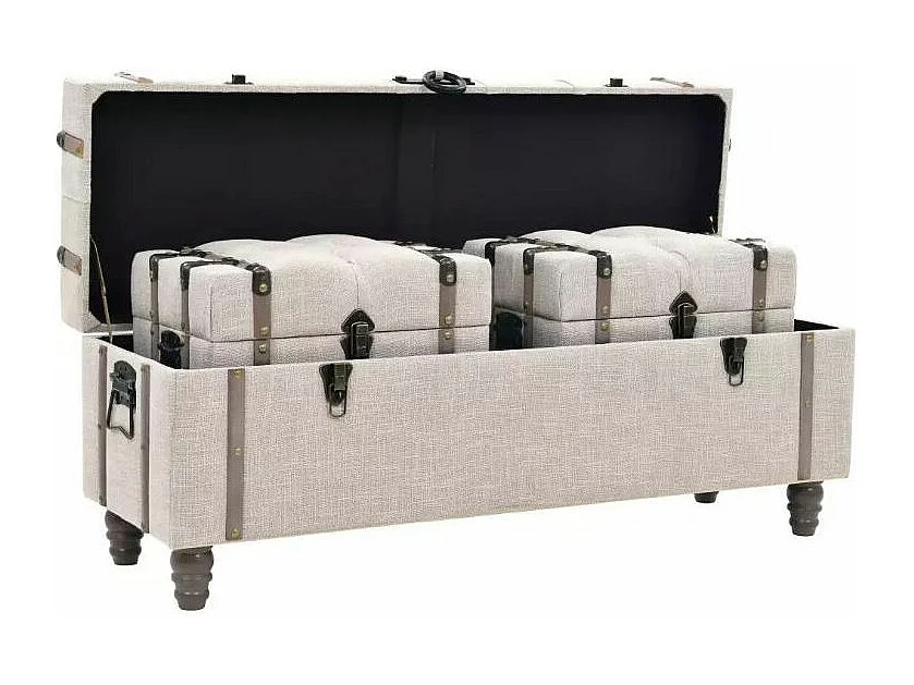 Banquette coffre capitonnée avec poufs tissu beige Palawa - Lot de 3