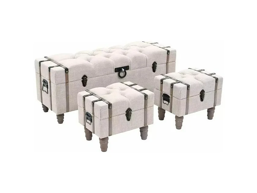 Banquette coffre capitonnée avec poufs tissu beige Palawa - Lot de 3
