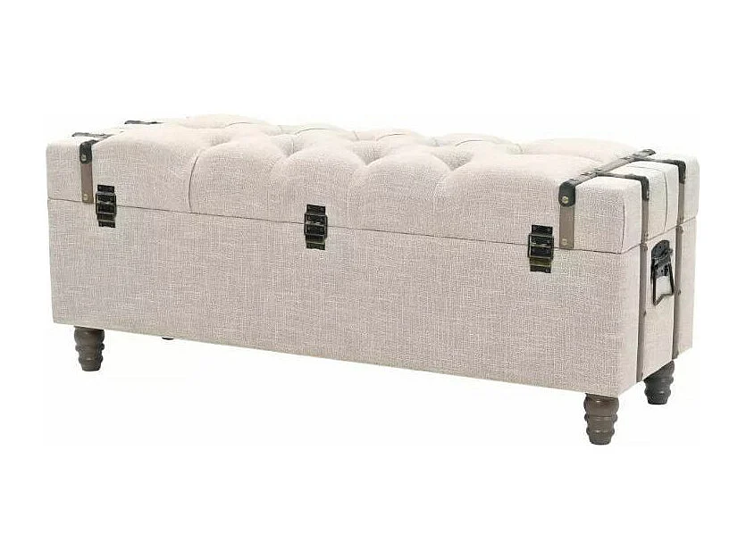 Banquette coffre capitonnée avec poufs tissu beige Palawa - Lot de 3