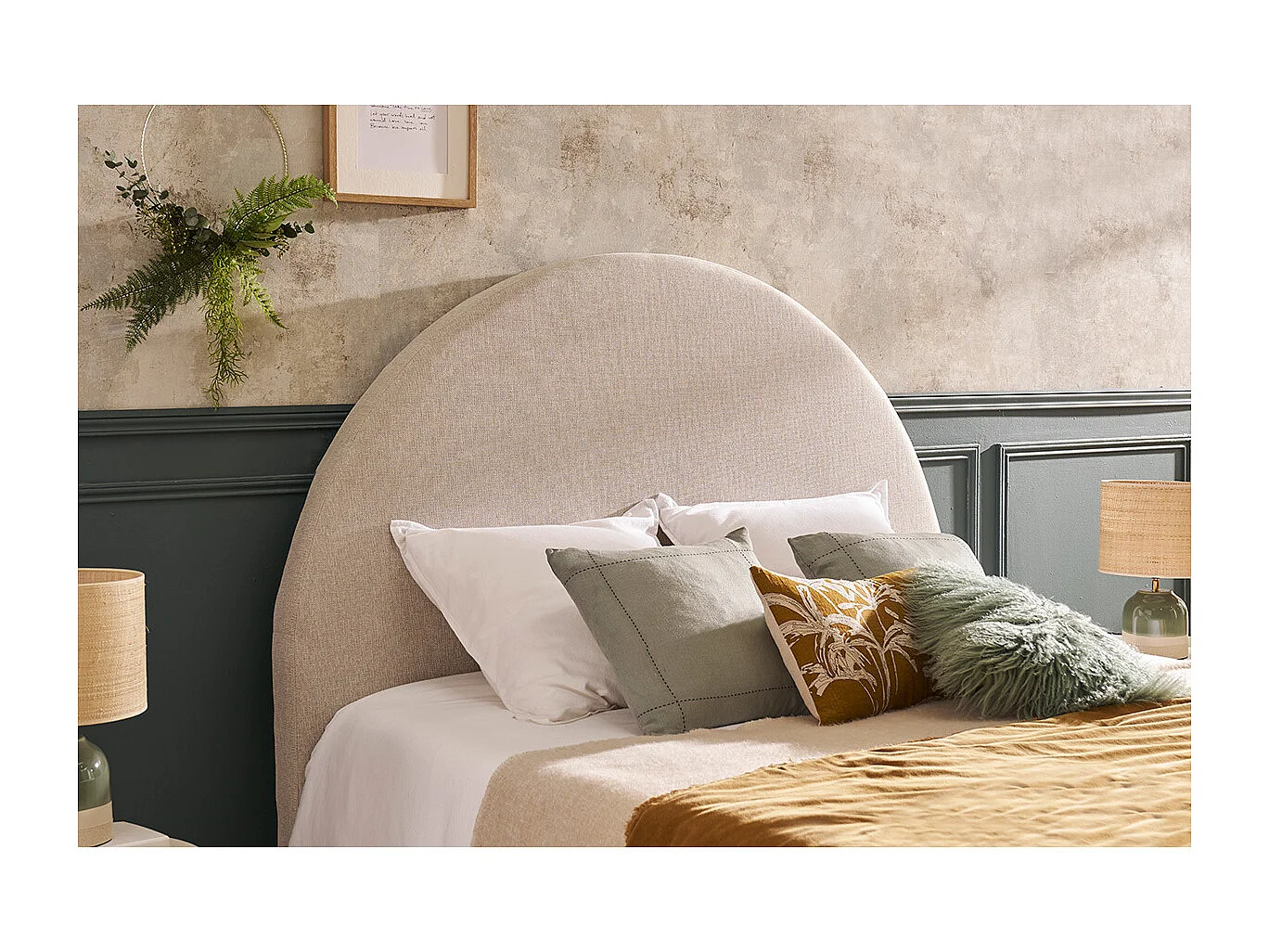 Testata letto rotonda in tessuto beige L160 cm NAOMY