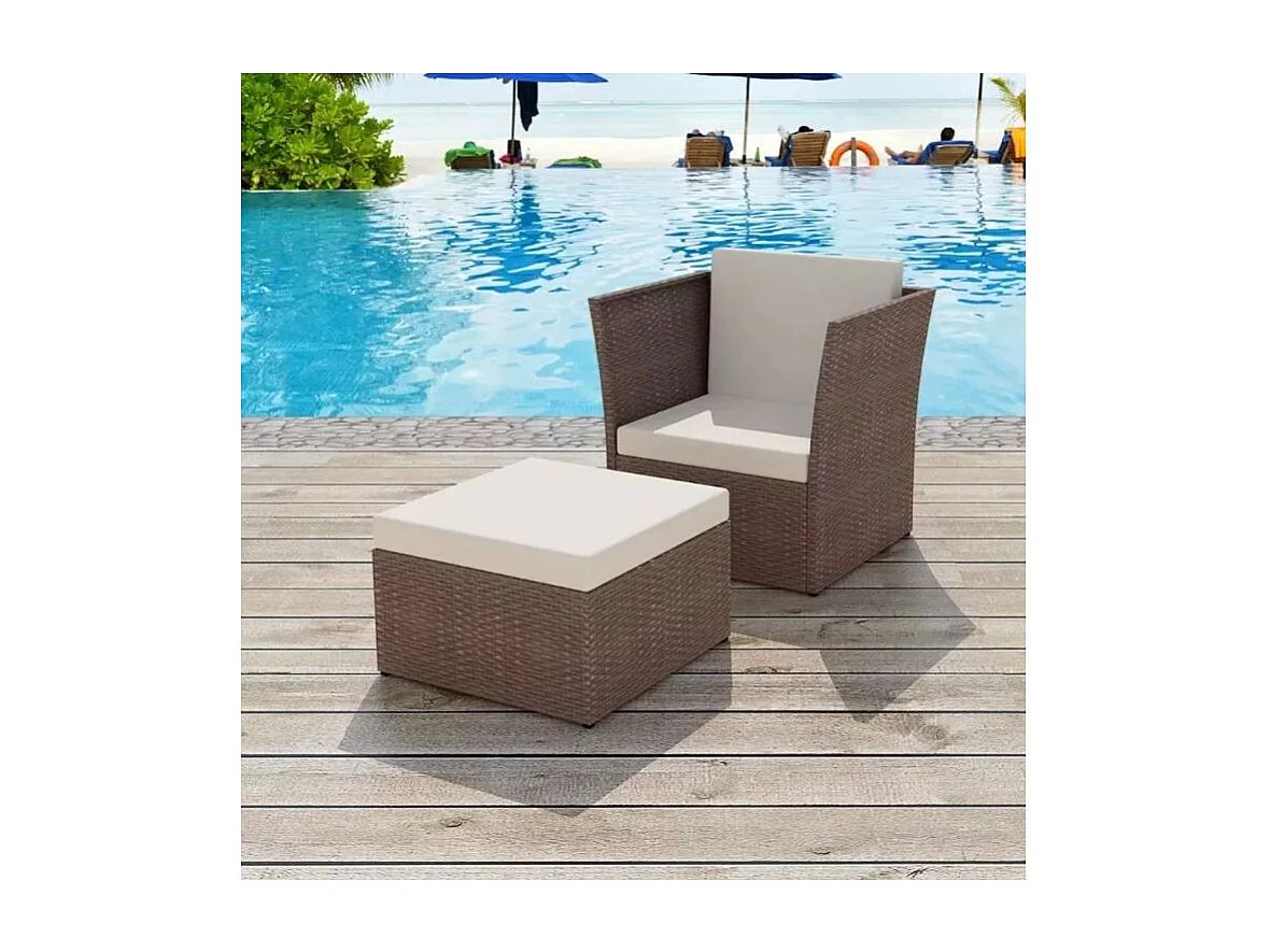 Silla de jardín con taburete poli ratán marrón