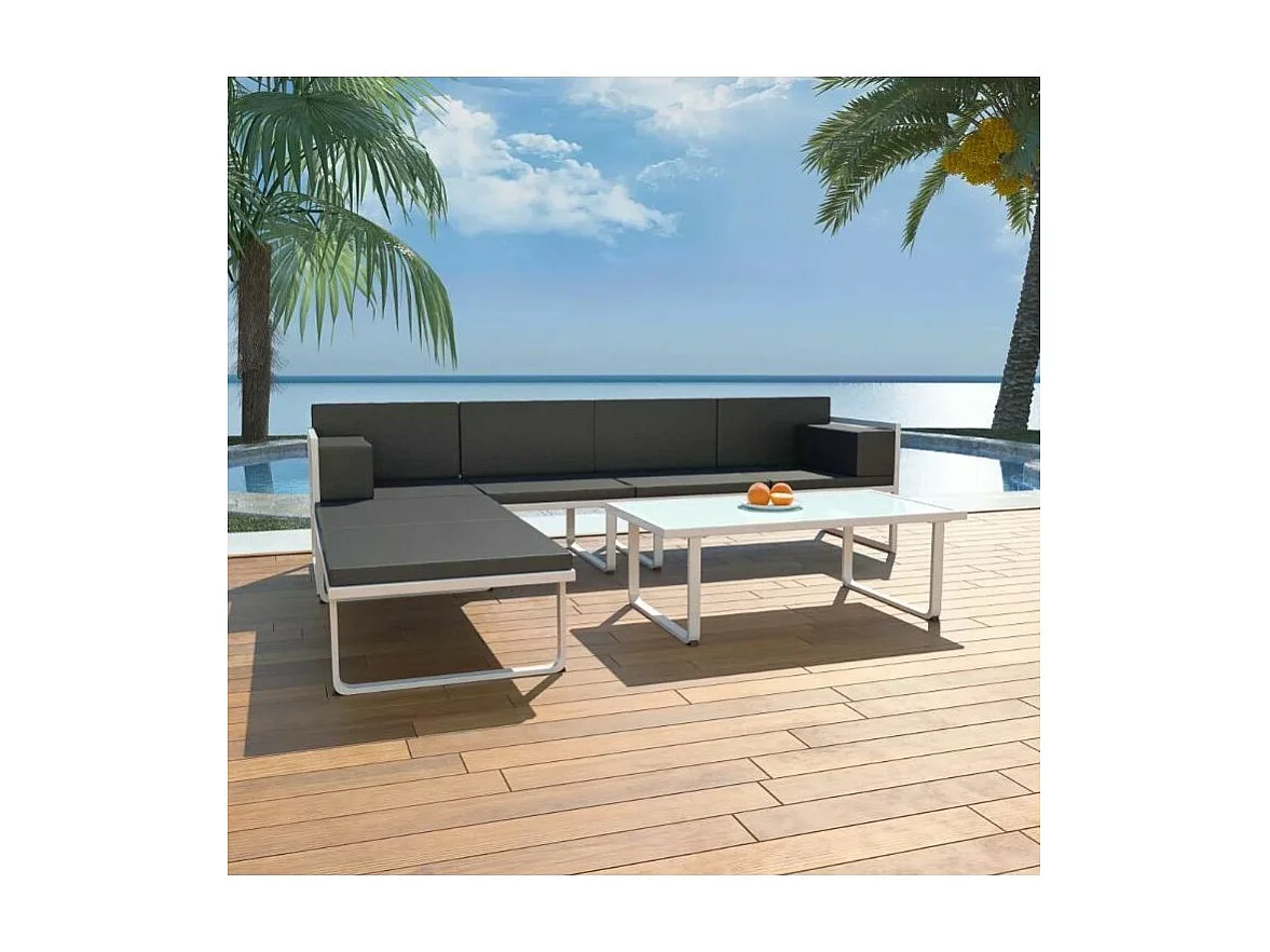 Salon de jardin modulaire 2 canapés métal blanc coussins noir Groove