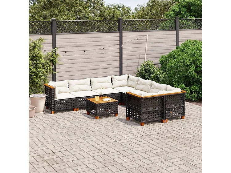 Salon de jardin 9 pcs avec coussins noir résine tressée