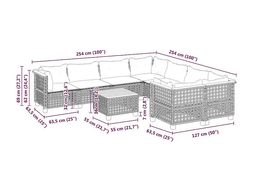 Salon de jardin 9 pcs avec coussins noir résine tressée