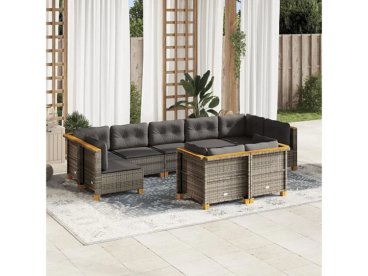 Salon de jardin 9 pcs avec coussins gris résine tressée