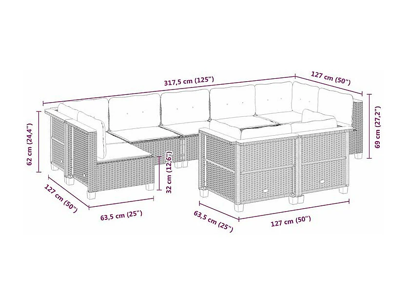 Salon de jardin 9 pcs avec coussins gris résine tressée