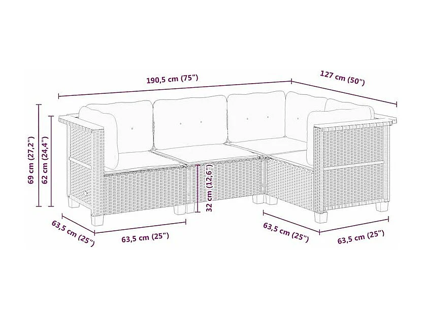 Salon de jardin 4 pcs avec coussins gris résine tressée