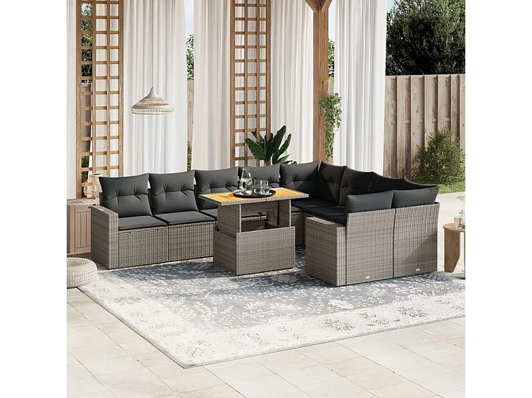 Salon de jardin avec coussins 10 pcs gris résine tressée
