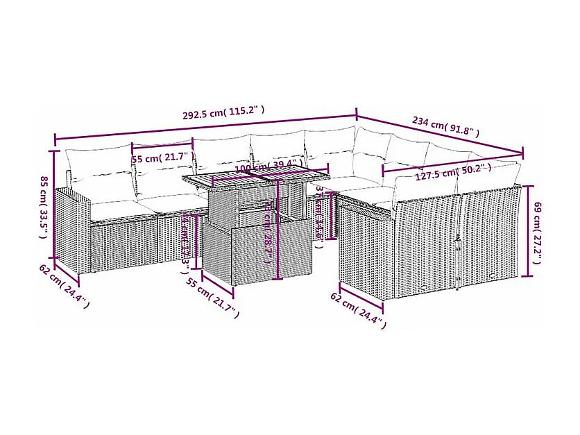 Salon de jardin avec coussins 10 pcs gris résine tressée