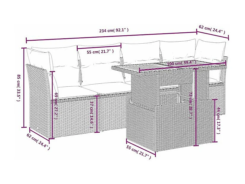 Salon de jardin 5 pcs avec coussins gris résine tressée