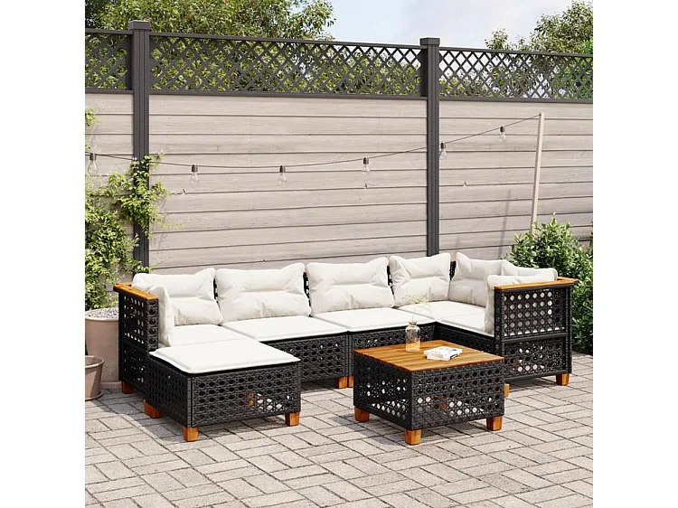Salon de jardin 7 pcs avec coussins noir résine tressée