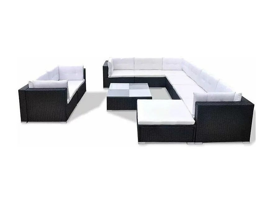 Salon de jardin 10 pièces résine tressée noir coussins blanc Kim