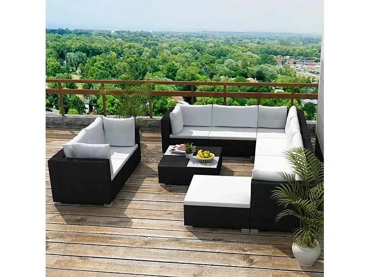 Salon de jardin 10 pièces résine tressée noir coussins blanc Kim