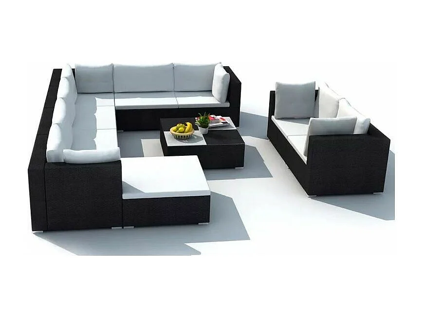 Salon de jardin 10 pièces résine tressée noir coussins blanc Kim