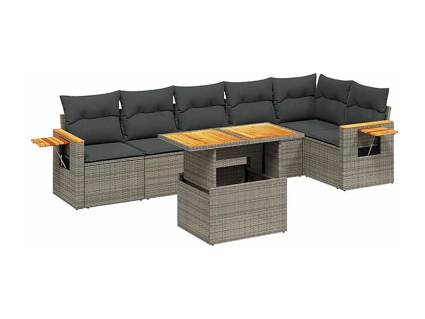 Salon de jardin avec coussins 7 pcs gris résine tressée