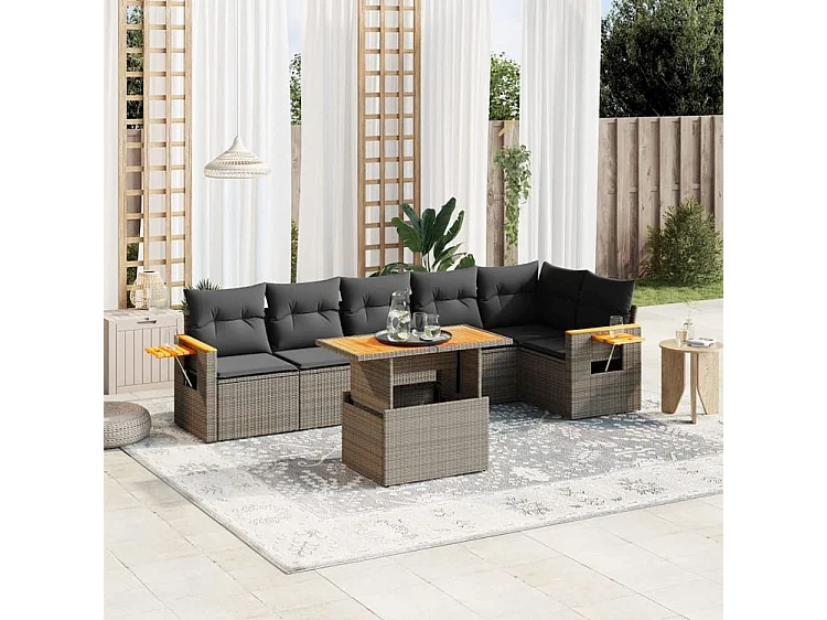 Salon de jardin avec coussins 7 pcs gris résine tressée