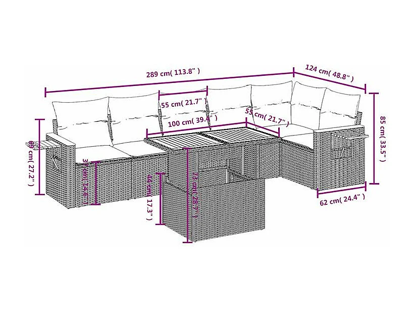 Salon de jardin avec coussins 7 pcs gris résine tressée
