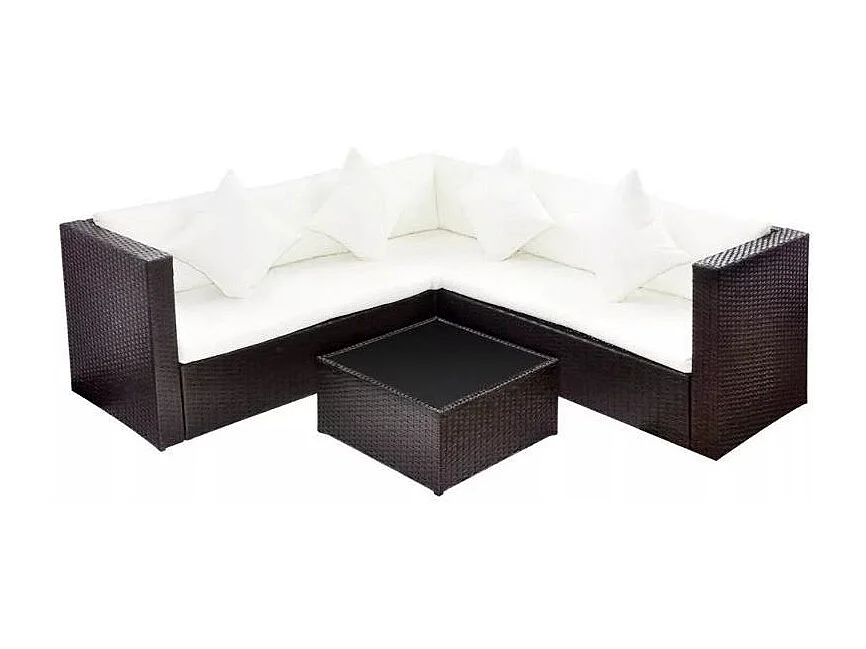Salon de jardin 4 places résine tressée marron et coussins blanc Kim
