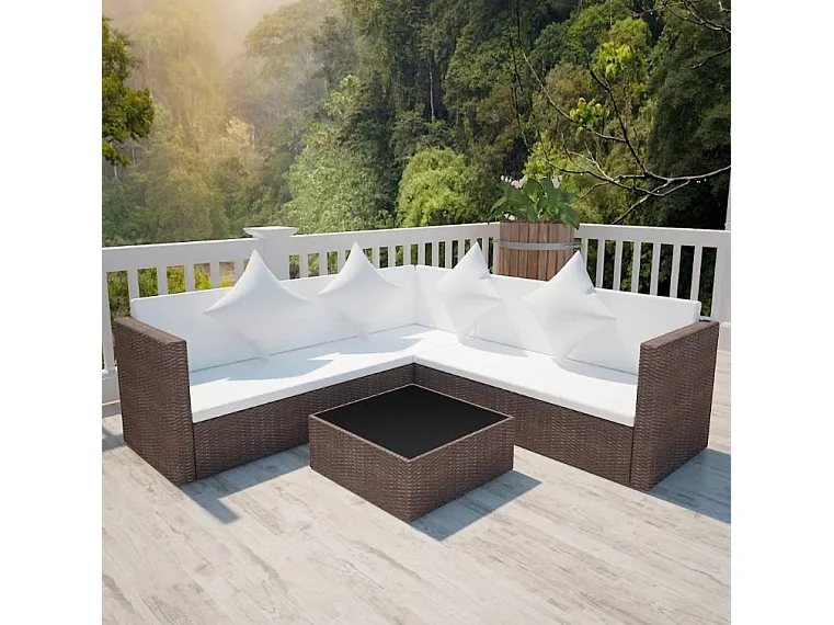 Salon de jardin 4 places résine tressée marron et coussins blanc Kim