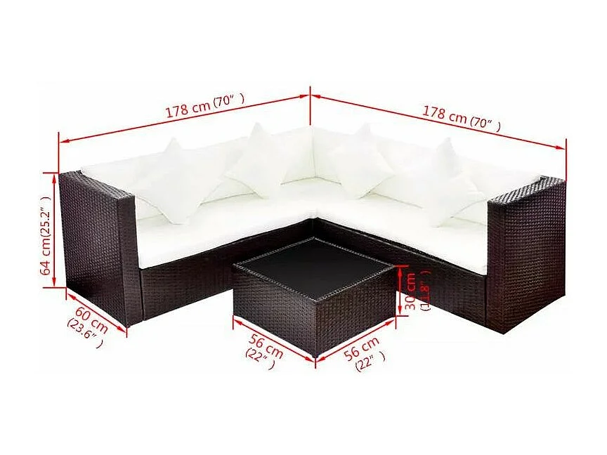 Salon de jardin 4 places résine tressée marron et coussins blanc Kim