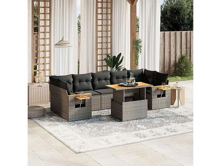 Salon de jardin 8 pcs avec coussins gris résine tressée
