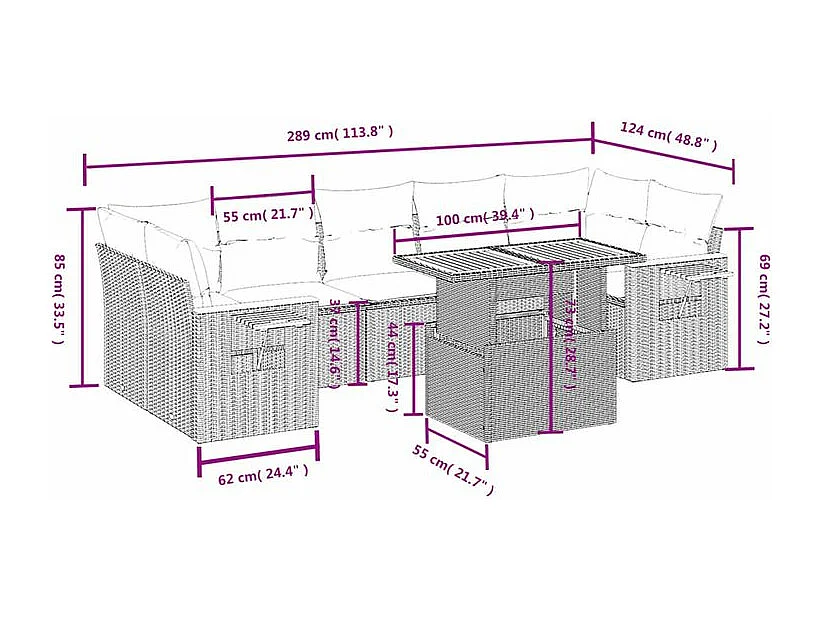 Salon de jardin 8 pcs avec coussins gris résine tressée