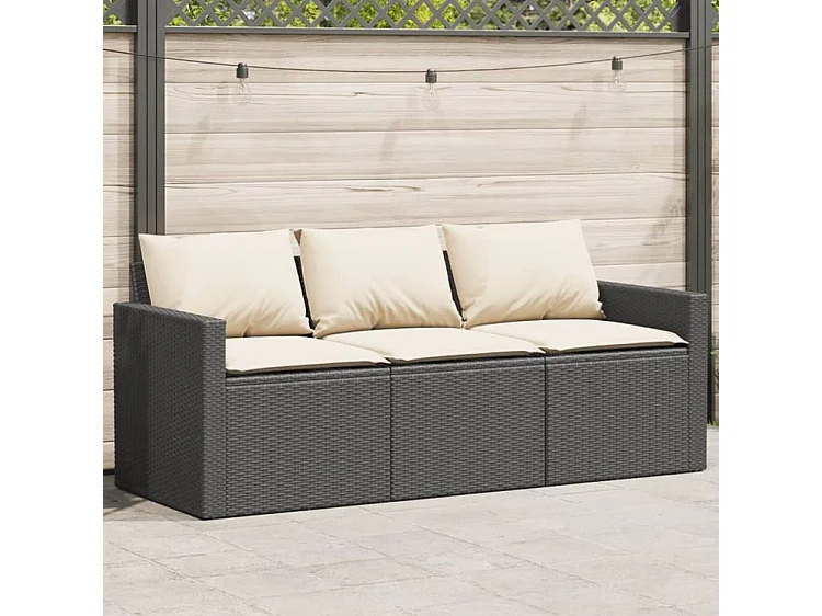 Canapé de jardin avec coussins 3 places noir résine tressée