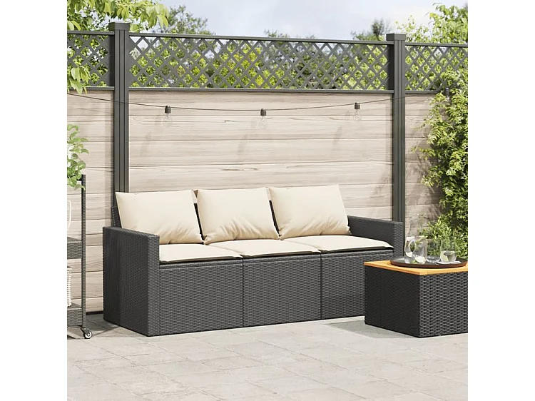 Canapé de jardin avec coussins 3 places noir résine tressée