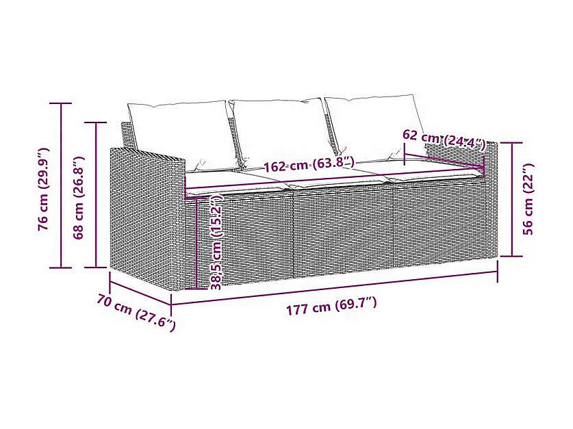 Canapé de jardin avec coussins 3 places noir résine tressée