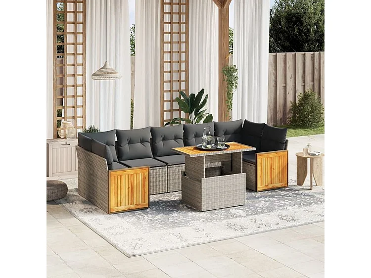 Salon de jardin 8 pcs avec coussins gris résine tressée