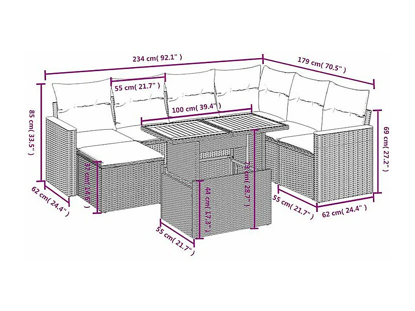 Salon de jardin 8 pcs avec coussins gris résine tressée