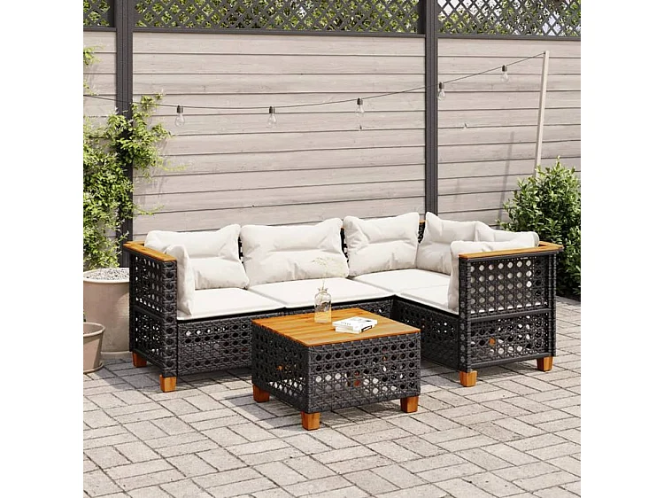 Salon de jardin 5 pcs avec coussins noir résine tressée