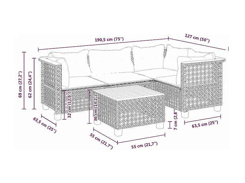 Salon de jardin 5 pcs avec coussins noir résine tressée