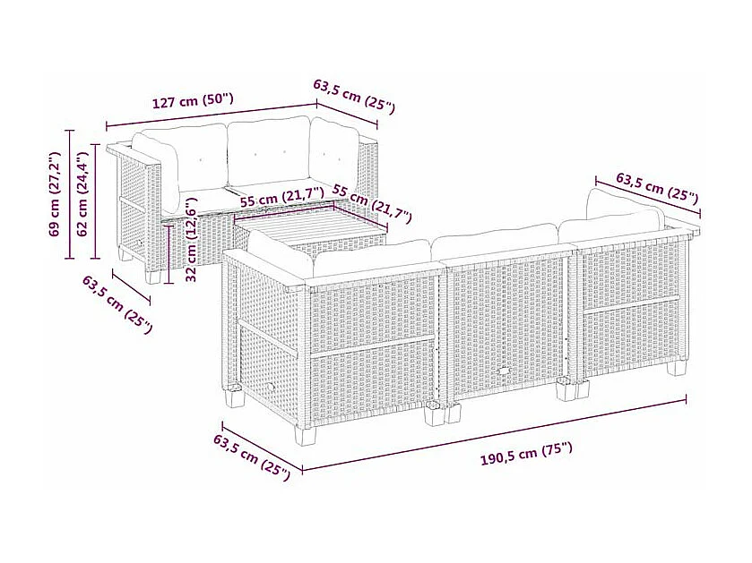 Salon de jardin 6 pcs avec coussins gris résine tressée