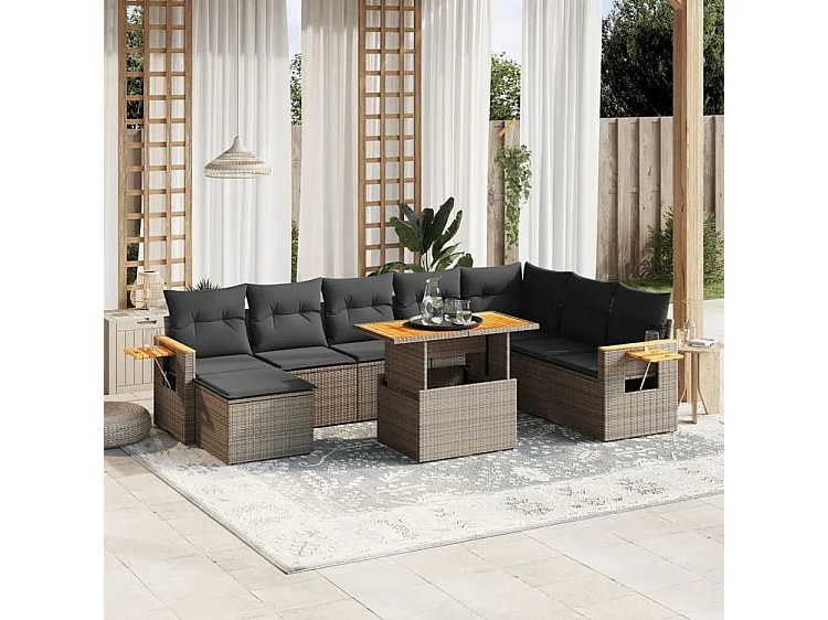 Salon de jardin 9 pcs avec coussins gris résine tressée