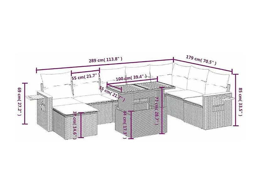 Salon de jardin 9 pcs avec coussins gris résine tressée