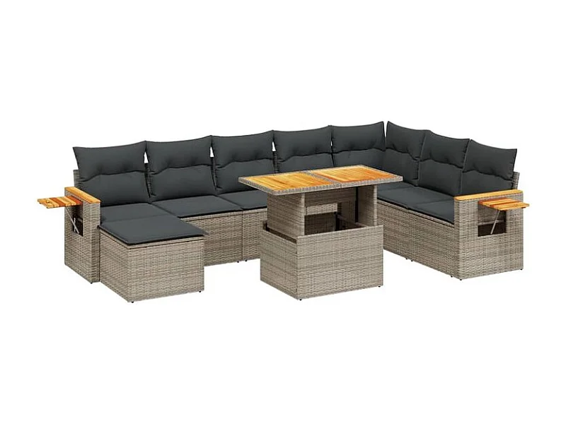 Salon de jardin 9 pcs avec coussins gris résine tressée