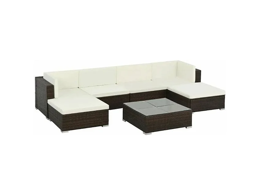 Salon de jardin 7 pièces résine tressée marron et coussins blanc Blanca