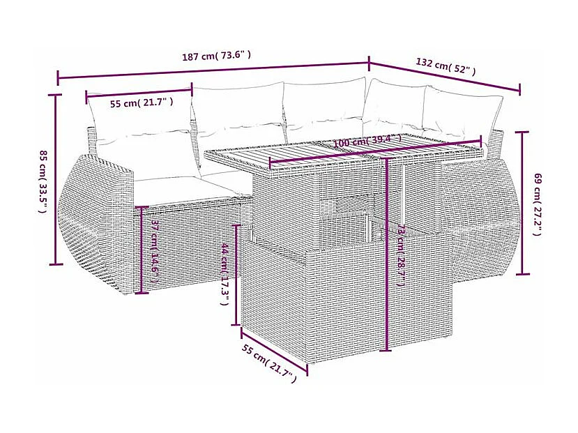 Salon de jardin 5 pcs avec coussins gris résine tressée