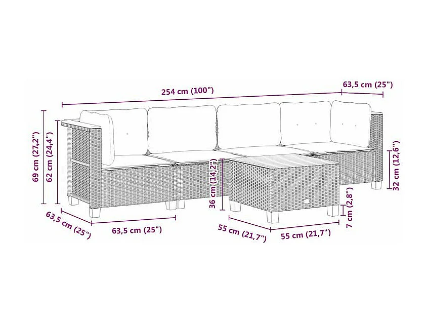 Salon de jardin 5 pcs avec coussins gris résine tressée
