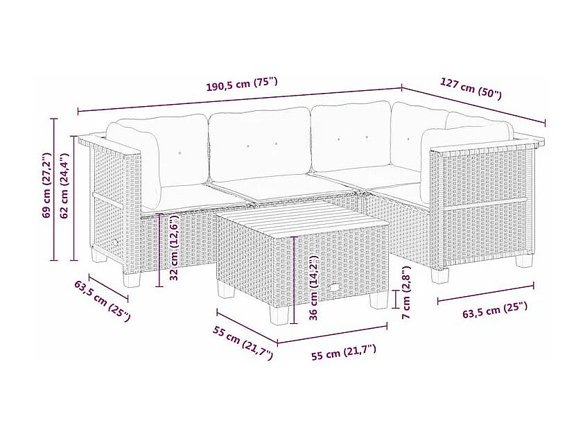 Salon de jardin 5 pcs avec coussins gris résine tressée