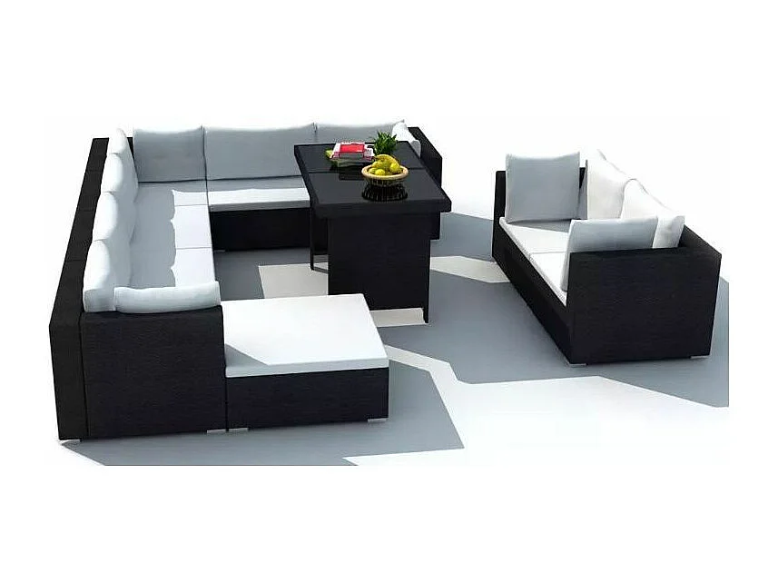 Salon de jardin 9 pièces résine tressée noir et coussins blanc Kim