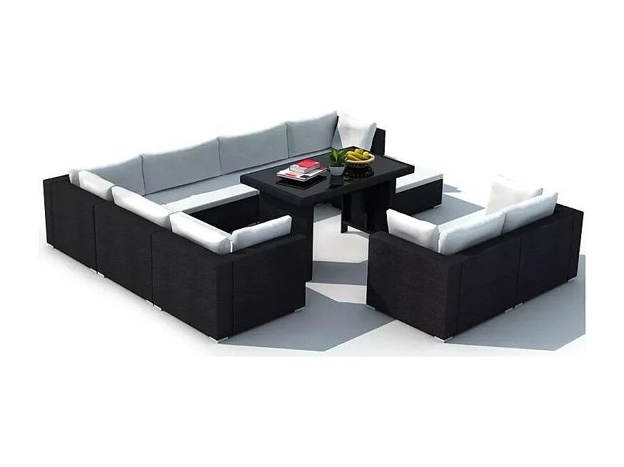 Salon de jardin 9 pièces résine tressée noir et coussins blanc Kim