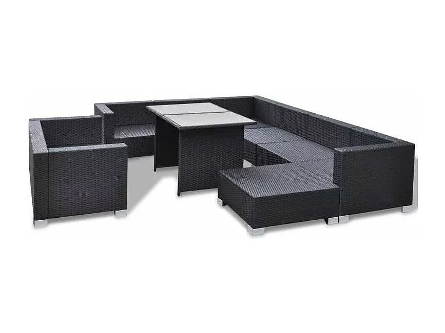 Salon de jardin 9 pièces résine tressée noir et coussins blanc Kim