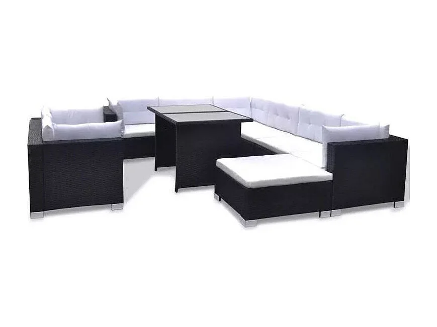 Salon de jardin 9 pièces résine tressée noir et coussins blanc Kim