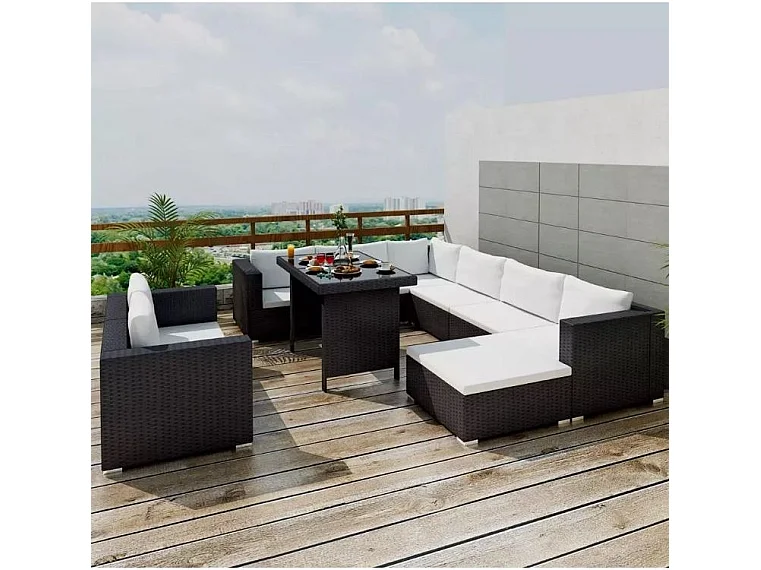 Salon de jardin 9 pièces résine tressée noir et coussins blanc Kim