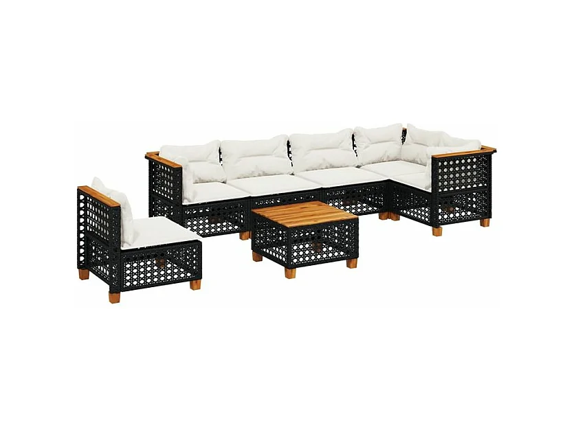 Salon de jardin 7 pcs avec coussins noir résine tressée