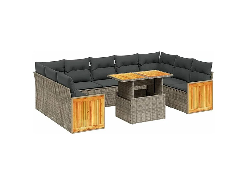 Salon de jardin avec coussins 10 pcs gris résine tressée