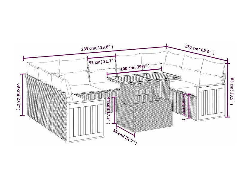 Salon de jardin avec coussins 10 pcs gris résine tressée